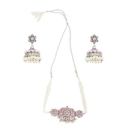 Stone-Studded Necklace & Earrings Set Pink