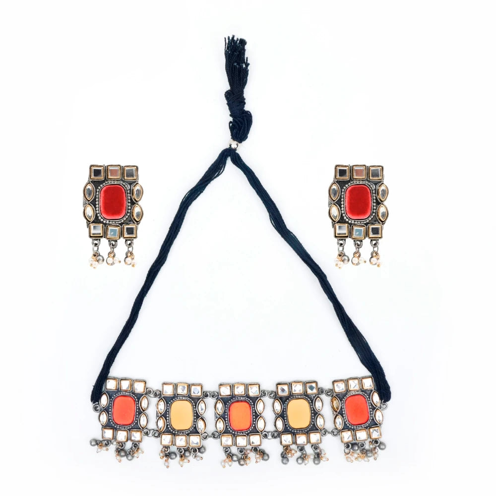 Silver-Plated Stone-Studded Necklace & Earrings Set