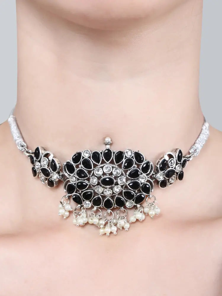 Silver-Plated & Stone-Studded Necklace & Earrings Set