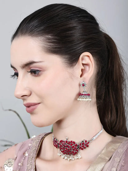 Stone-Studded Necklace & Earrings Pink Set