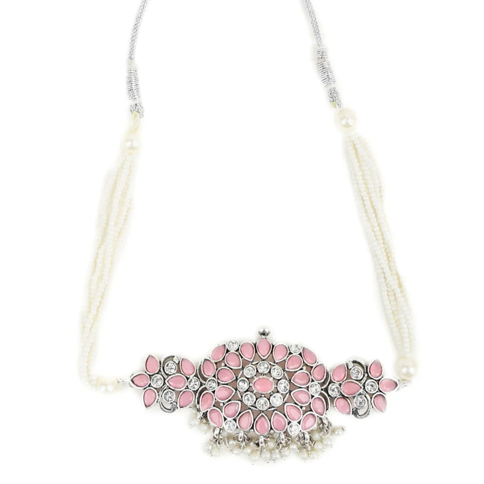 Stone-Studded Necklace & Earrings Set Pink