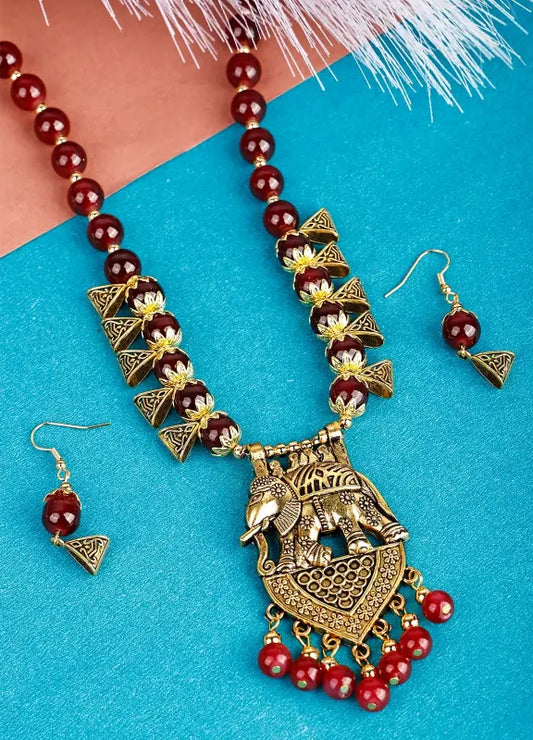 Oxidized Gold Multi-Color Pearl necklace set with Earring Jewelry Set
