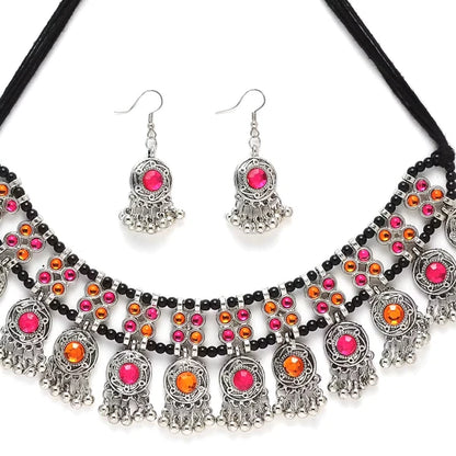 Oxidized Silver Toned Yellow and Pink Stone Handcrafted Choker Jewellery