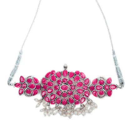 Stone-Studded Necklace & Earrings Pink Set