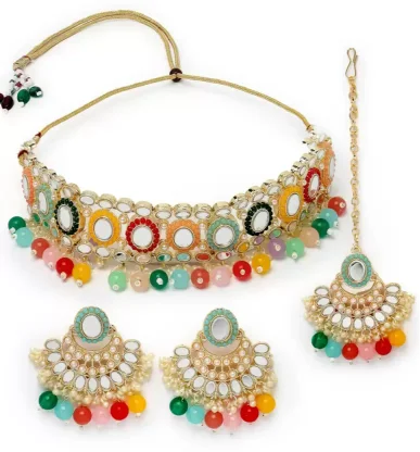 International Multi Mirror Stone-Studded Necklace & Earrings Set