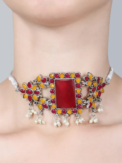 Stone-Studded Necklace & Earrings Set Red Yellow