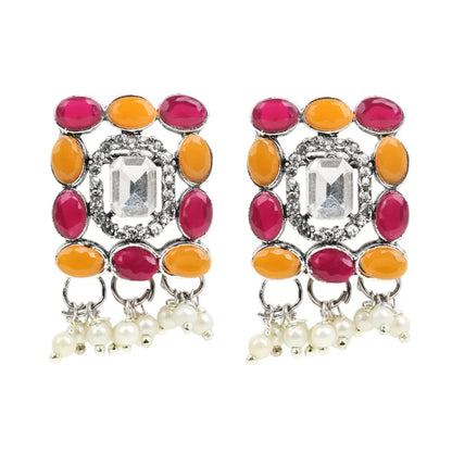 Stone-Studded Necklace & Earrings Set Small Moti Orange Mahroon Square