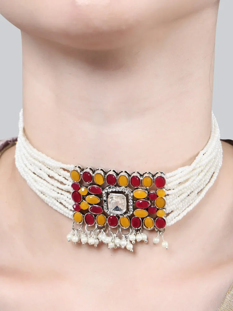 Stone-Studded Necklace & Earrings Set Small Moti Orange Mahroon Square