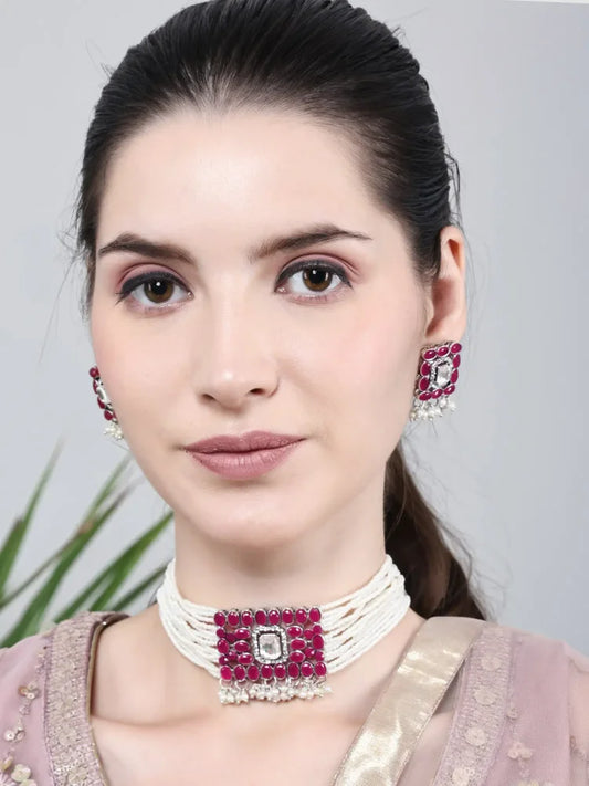 Stone-Studded Necklace & Earrings Set Small Moti Mahroon Square