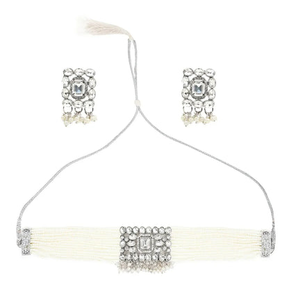 Stone-Studded Necklace & Earrings Set Small Moti White Square