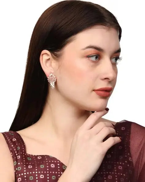 Oval Pearl Stone-Studded Drop Earrings