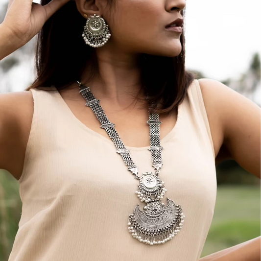 German Silver Pearl Drop Necklace & Earrings Set