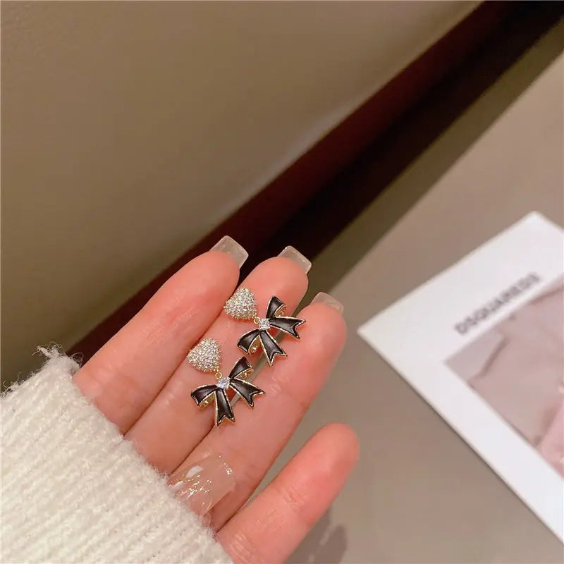 Heart Stud Black Bow Cute Korean Earrings