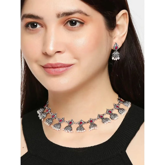 Oxidised German Silver With Maroon Stones & Pearls Ethnic Choker Necklace Set
