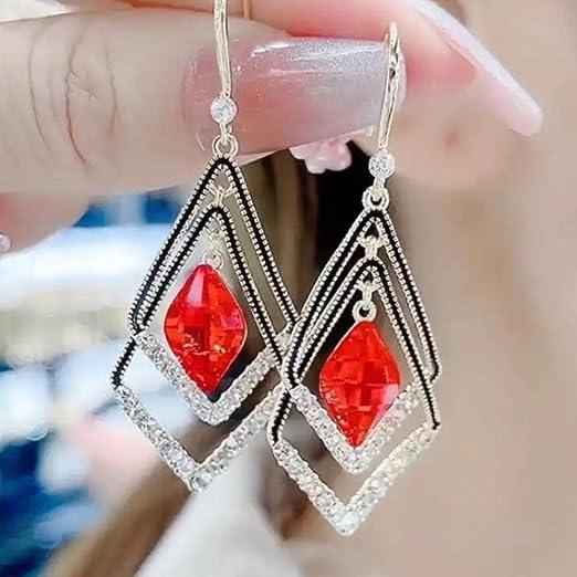 Double Layer Rhombus Rhinestones Jewelry Sparkling Electroplated Hook Earrings-Red - SayToLove