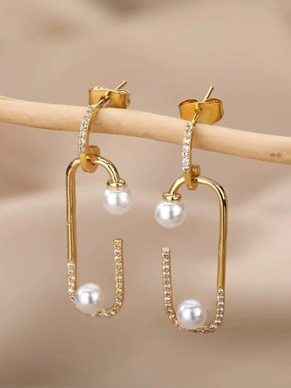 Gold Tone Pin Shaped Pearl Studded Glitzy Drop Earrings - SayToLove