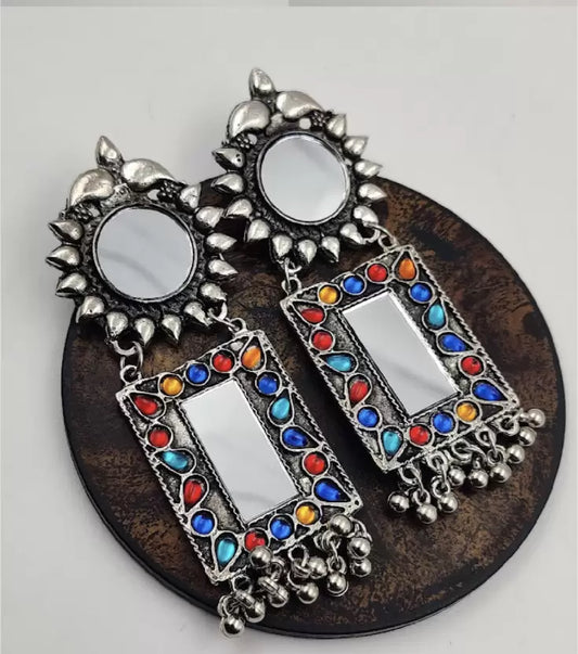 Traditional Multicolor Oxidised Hanging Stone and Mirror Earrings - SayToLove