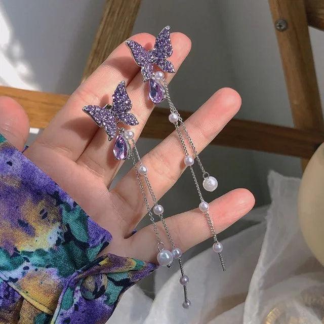 Butterfly Long Silver Earrings in Purple - SayToLove