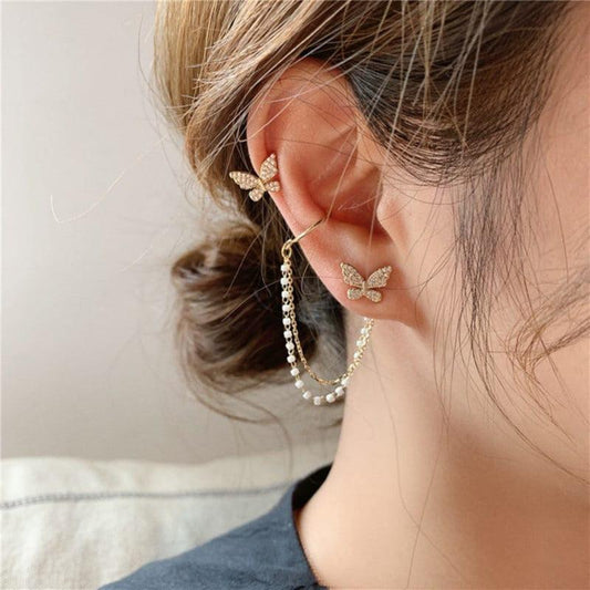 Gold Tone Butterfly Crystal & Pearl Chain Fashion Ear Cuff Earrings - SayToLove