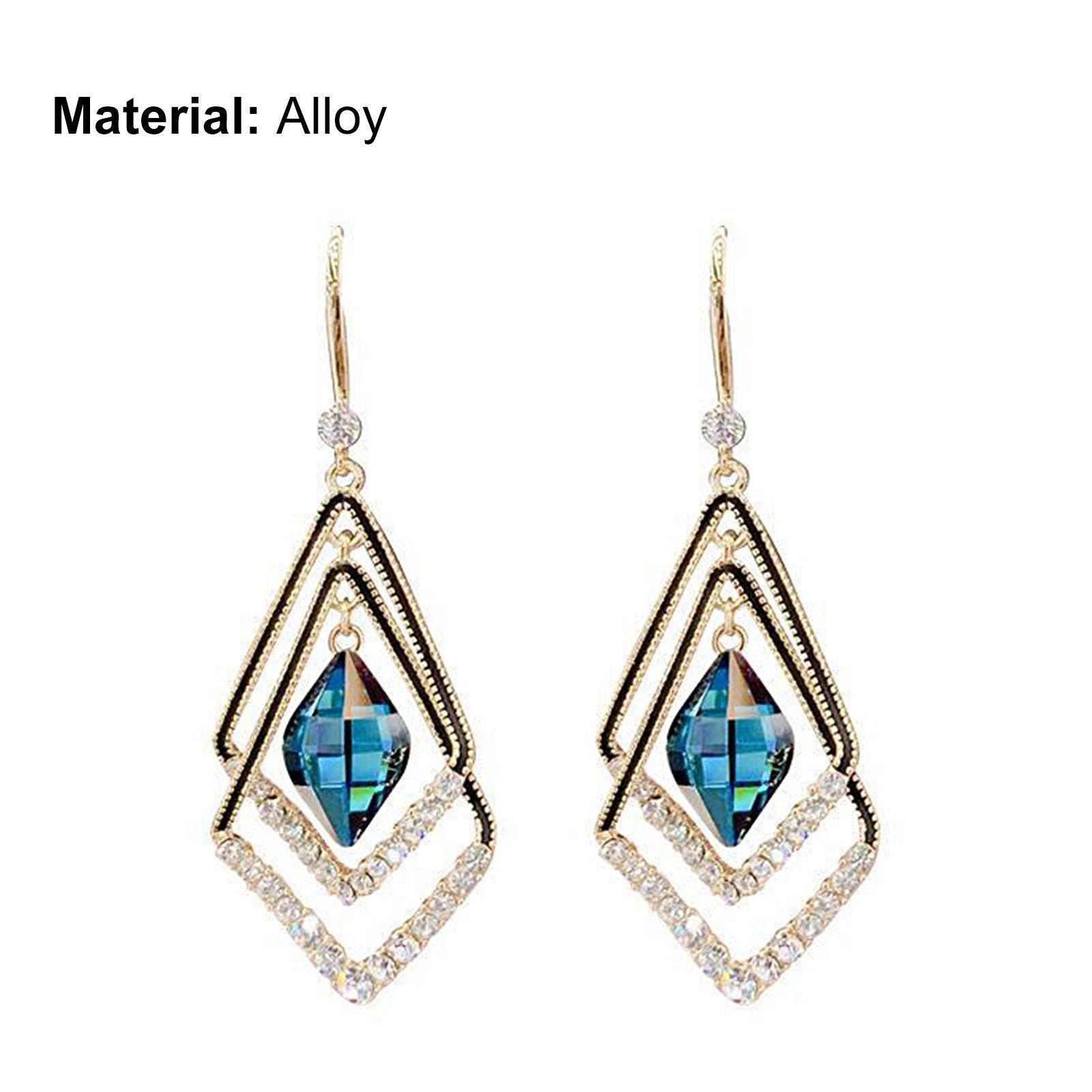 Double Layer Rhombus Rhinestones Jewelry Sparkling Electroplated Hook Earrings-Blue - SayToLove