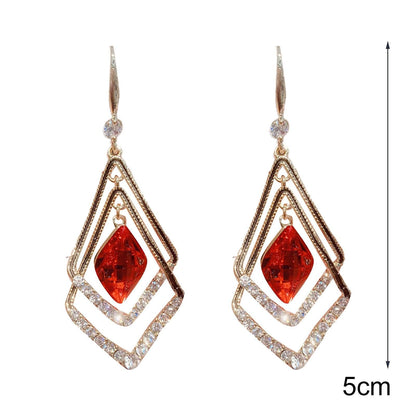 Double Layer Rhombus Rhinestones Jewelry Sparkling Electroplated Hook Earrings-Red - SayToLove