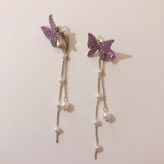 Butterfly Long Silver Earrings in Purple - SayToLove